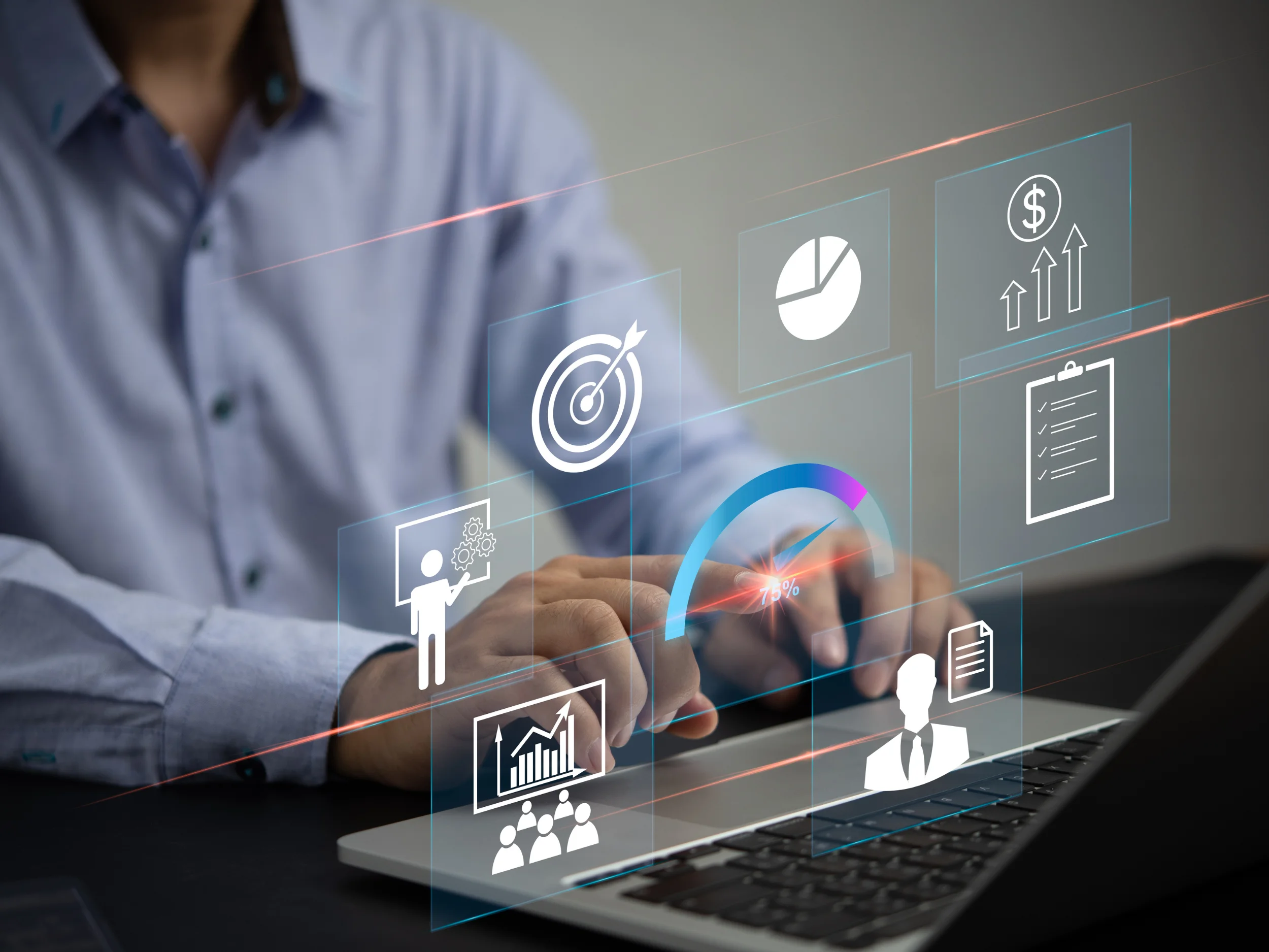 Symbolbild Investitionsplanung — Hand interagiert mit digitalen Daten-Layern